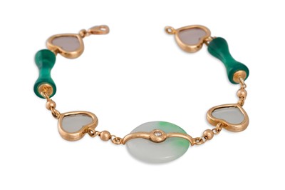 Lot 374 - A CHALCEDONY, BURMESE JADE & DIAMOND BRACELET,...
