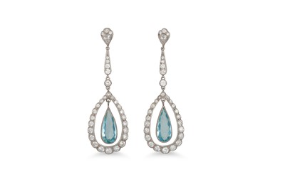 Lot 404 - A PAIR OF AQUAMARINE  AND DIAMOND DROP...