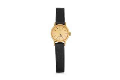 Lot 205 - A LADY'S OMEGA WRIST WATCH, leather strap