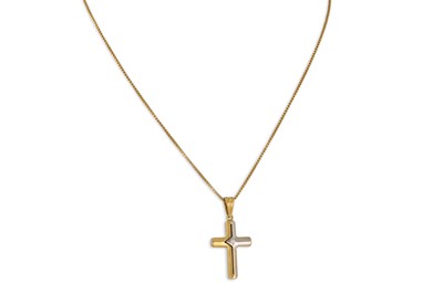 Lot 337 - AN 18CT GOLD CROSS ON A CHAIN, set with a...