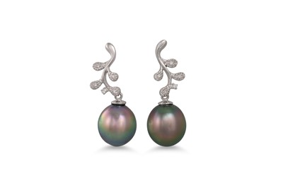 Lot 390 - A PAIR OF CULTURED BLACK PEARL DROP EARRINGS,...
