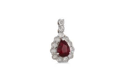 Lot 396 - A PEAR SHAPED RUBY AND DIAMOND PENDANT,...