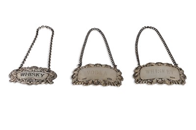 Lot 620 - A PAIR OF MODERN IRISH SILVER DECANTER LABELS,...