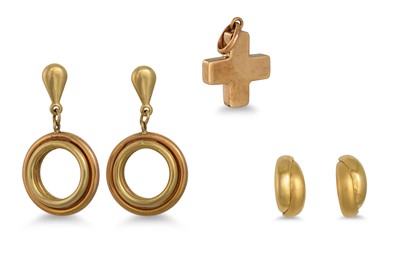 Lot 358 - A PAIR OF GOLD HOOP EARRINGS, together with a...