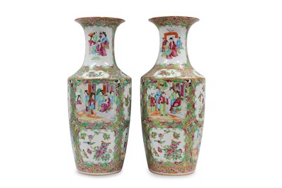 Lot 603 - A PAIR OF CANTONESE PORCELAIN BALUSTER VASES...