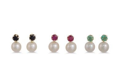 Lot 25 - THREE PAIRS OF CULTURED PEARL & GEM SET...