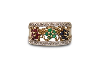 Lot 279 - A DIAMOND, RUBY, EMERALD, AND SAPPHIRE CLUSTER...
