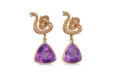 Lot 329 - A PAIR OF AMETHYST EARRINGS, the snake motifs...