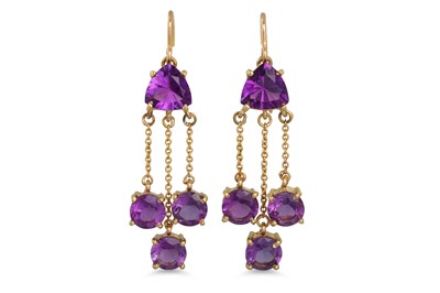 Lot 333 - A PAIR OF AMETHYST DROP EARRINGS, the...