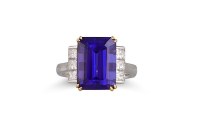 Lot 384 - A TANZANITE RING, the rectangular stone to...