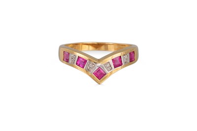 Lot 80 - A DIAMOND AND RUBY HALF ETERNITY RING, shaped...