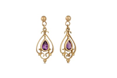 Lot 87 - A PAIR OF AMETHYST DROP EARRINGS, of openwork...