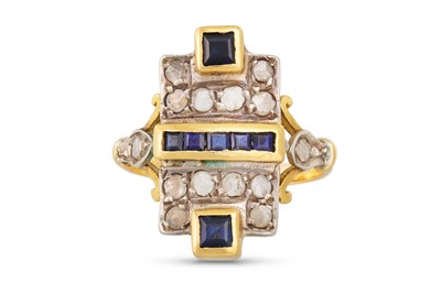 Lot 46 - A SAPPHIRE AND DIAMOND PLAQUE RING, set with...