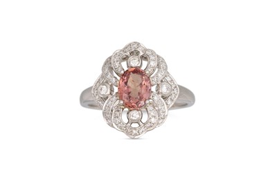 Lot 236 - A PADPARADSCHA SAPPHIRE AND DIAMOND CLUSTER...
