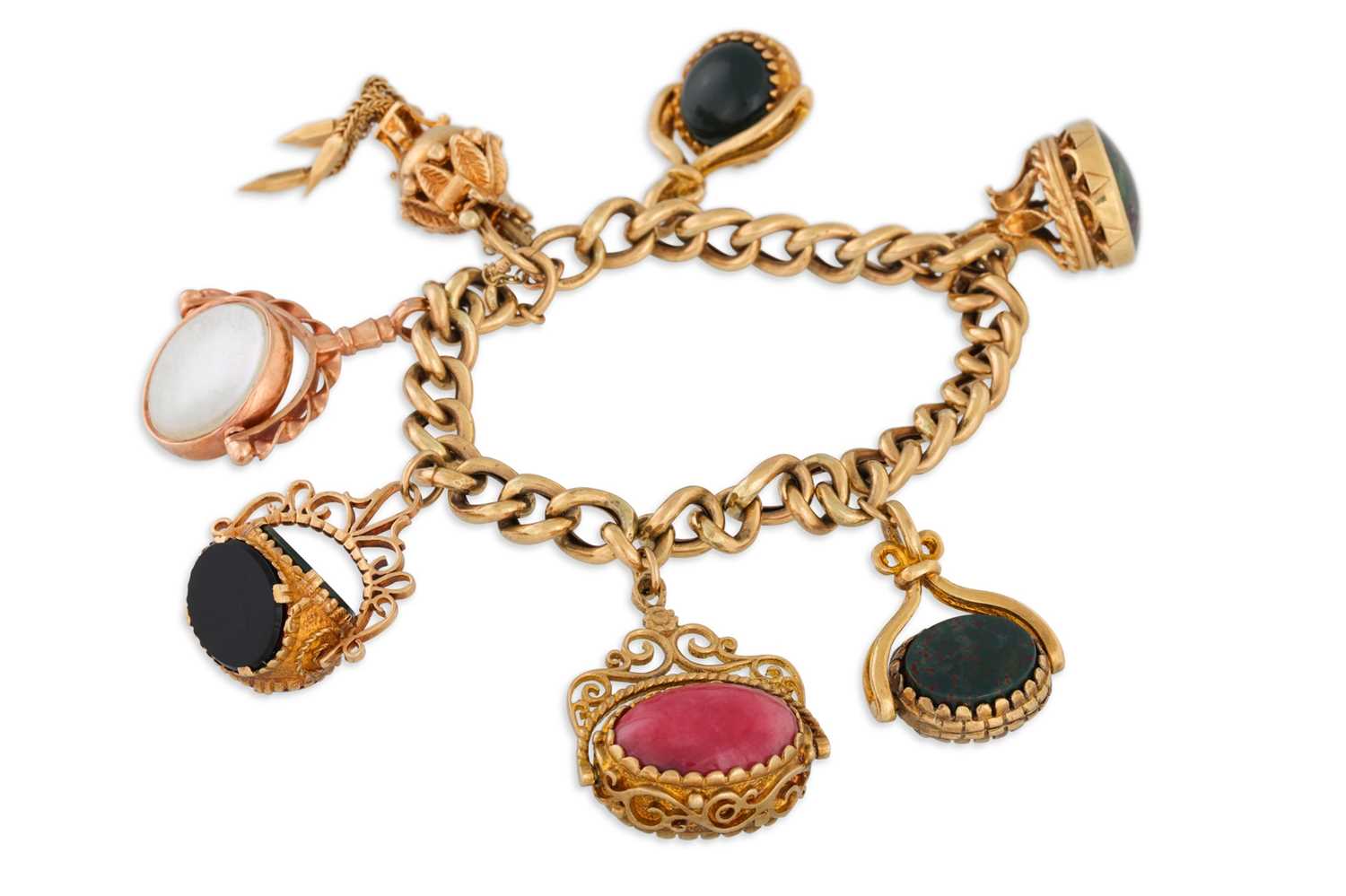 Lot 14 - A 9CT GOLD CURB LINK BRACELET, suspending...