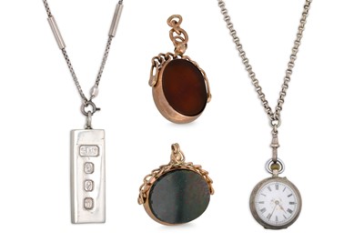 Lot 20 - TWO ANTIQUE 9CT GOLD STONE SET SWIVEL FOBS,...