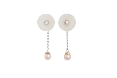 Lot 121 - A PAIR OF JADE AND DIAMOND EARRINGS, the white...