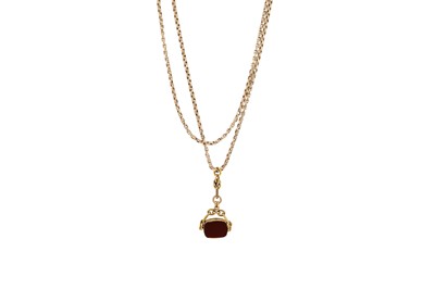 Lot 221 - A 9CT GOLD MUFF CHAIN, suspending a swivel fob,...