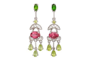 Lot 113 - A PAIR OF PINK TOURMALINE, PERIDOT AND GREEN...
