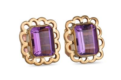 Lot 95 - A PAIR OF AMETHYST EARRINGS, the rectangular...