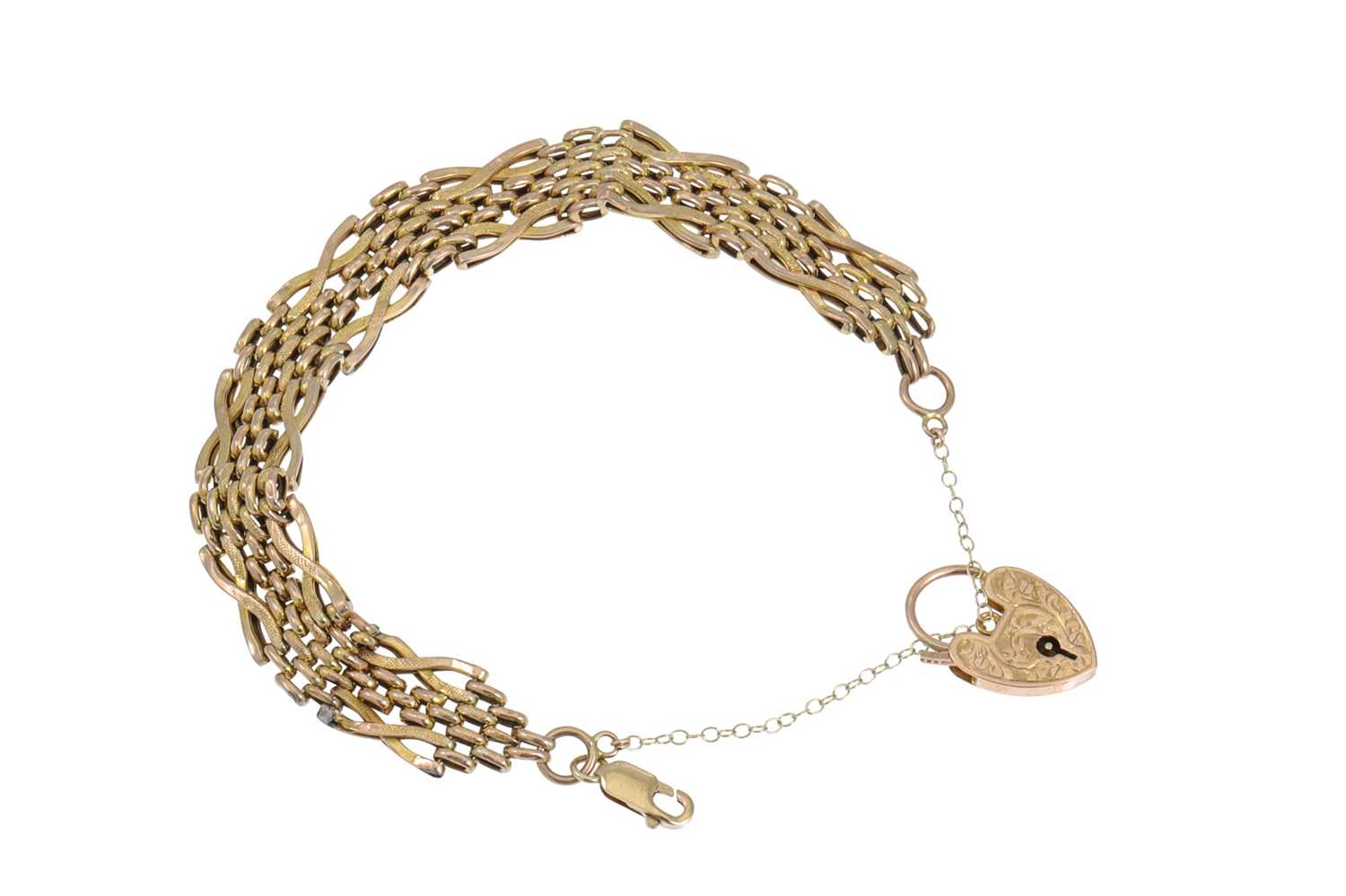Lot 3 - A 9CT FANCY LINK GATE BRACELET AND PADLOCK,...