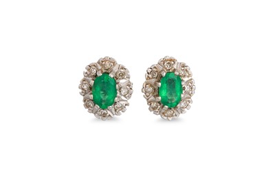 Lot 223 - A PAIR OF EMERALD AND DIAMOND CLUSTER EARRINGS,...