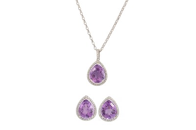 Lot 298 - AN AMETHYST AND DIAMOND PENDANT, pear shaped,...