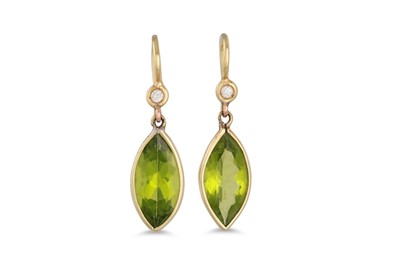 Lot 141 - A PAIR OF PERIDOT AND DIAMOND SET DROP...