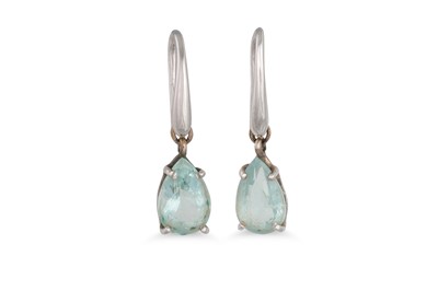 Lot 143 - A PAIR OF AQUAMARINE DROP EARRINGS, the pear...