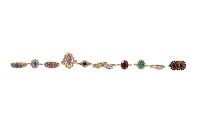 Lot 363 - ELEVEN VARIOUS GEM SET RINGS, in 9ct gold,...
