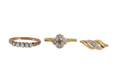 Lot 402 - THREE 18CT GOLD RINGS, one diamond set, 6 g.