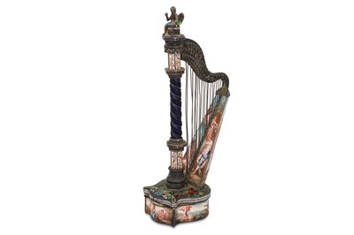 Lot 488 - AN ANTIQUE CONTINENTAL ENAMEL DECORATIVE HARP,...