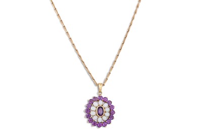 Lot 106 - AN AMETHYST AND OPAL PENDANT, on a 9ct yellow...
