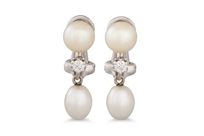 Lot 57 - A PAIR OF PEARL AND DIAMOND DROP EARRINGS,...