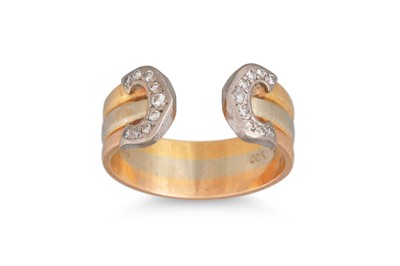 Lot 149 - AN 18CT THREE COLOUR GOLD OPEN SIDED RING, set...