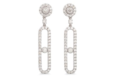 Lot 292 - A PAIR OF DIAMOND DROP EARRINGS, shaped form...