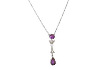Lot 4 - AN ANTIQUE DIAMOND AND AMETHYST DROP PENDANT,...