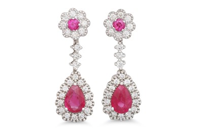 Lot 80 - A PAIR OF DIAMOND AND RUBY DROP EARRINGS, the...