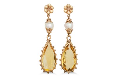 Lot 148 - A PAIR OF CITRINE AND PEARL DROP EARRINGS,...