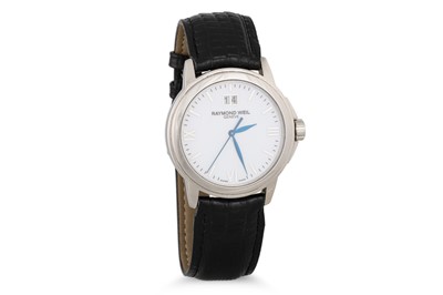 Lot 505 - A LARGE RAYMOND WEIL WRISTWATCH, white face,...
