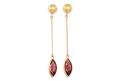 Lot 232 - A PAIR OF GARNET DROP EARRINGS, in 18ct yellow...
